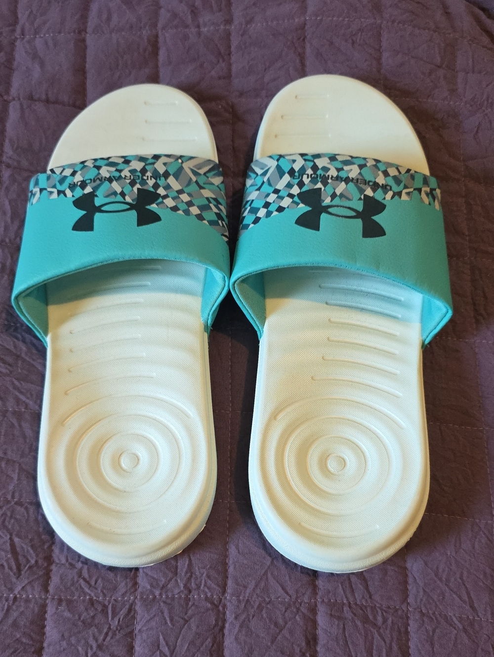 Under Armour Teal & White Slide Sandals with Geometric Strap